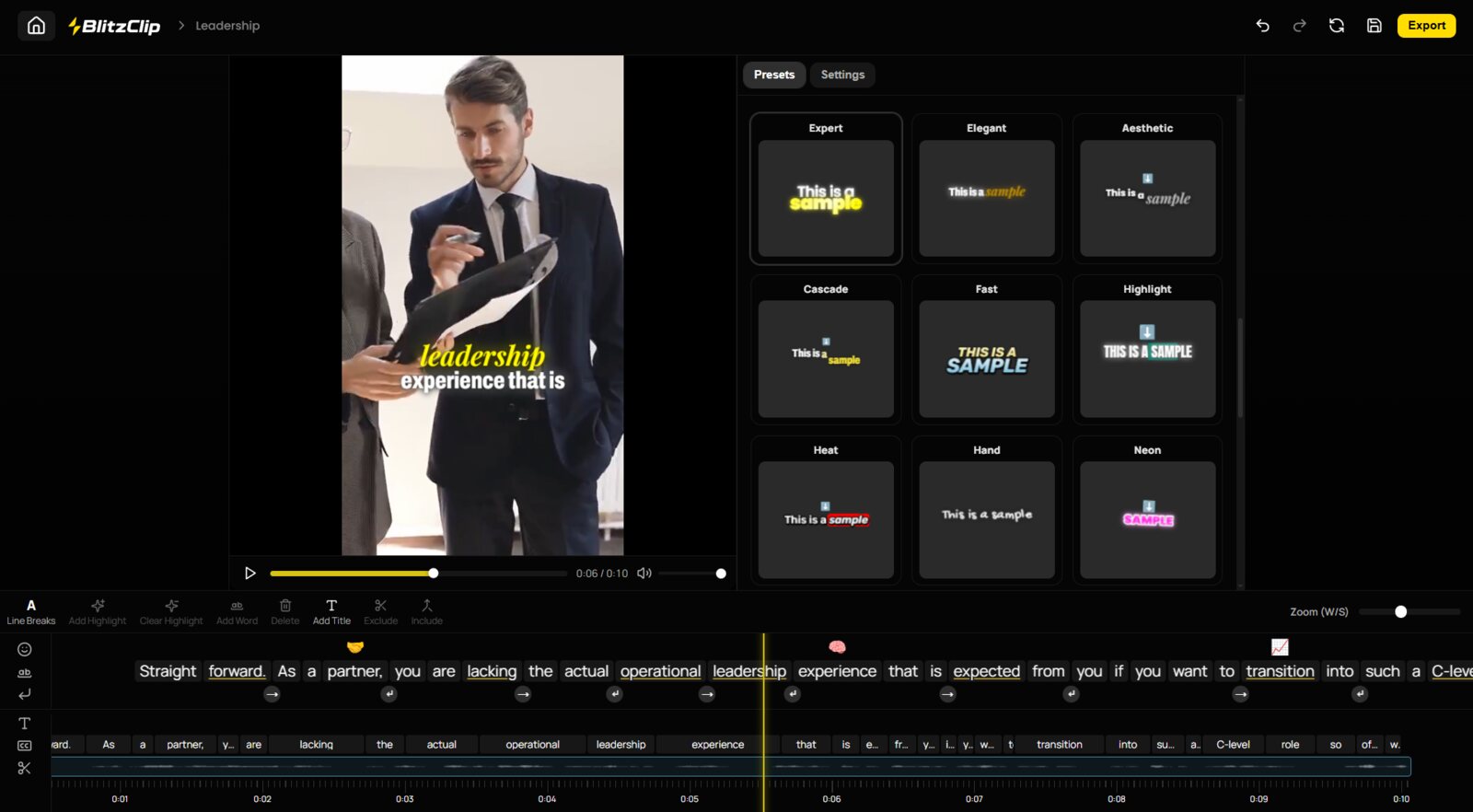 BlitzClip's captions editor showing a vertical video preview with the captions on the left, a presets panel on the right, and a frame-based timeline along the bottom.
