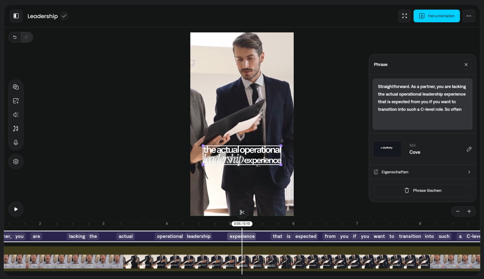 Captions.ai's editor showing a vertical video preview with the captions in the center, a small settings panel on the right, and the timeline along the bottom.