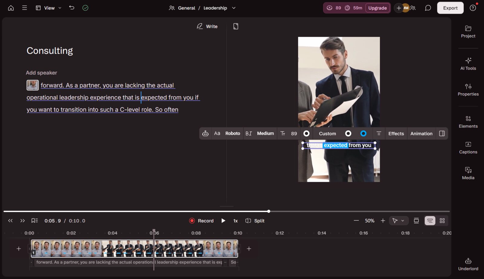 Descript's editor showing a vertical video preview with the captions on the right, the text edit panel on the left, and a timeline at the bottom.