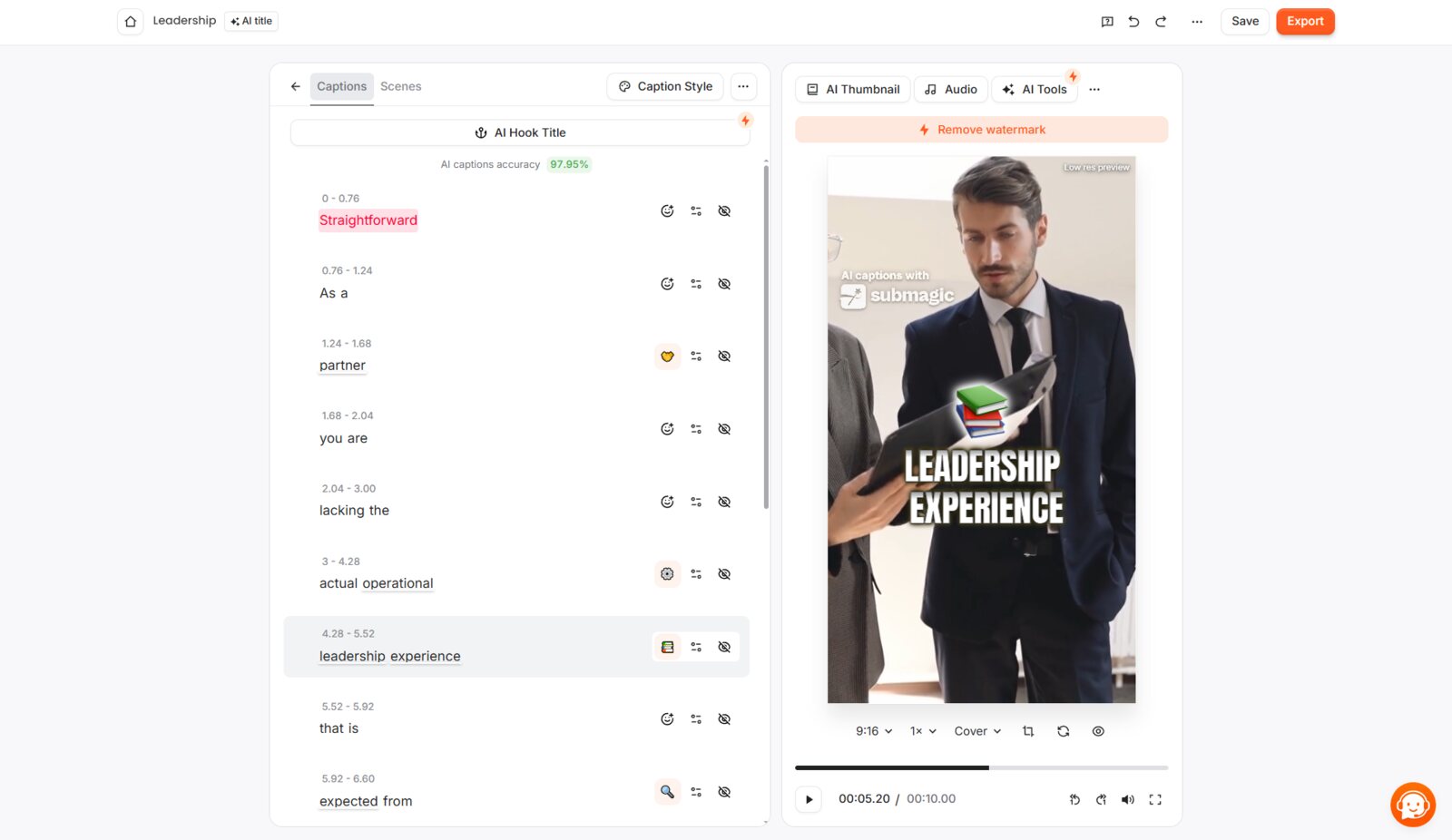 Submagic's captions editor showing a vertical video preview with the captions on the right and the text edit panel on the left.