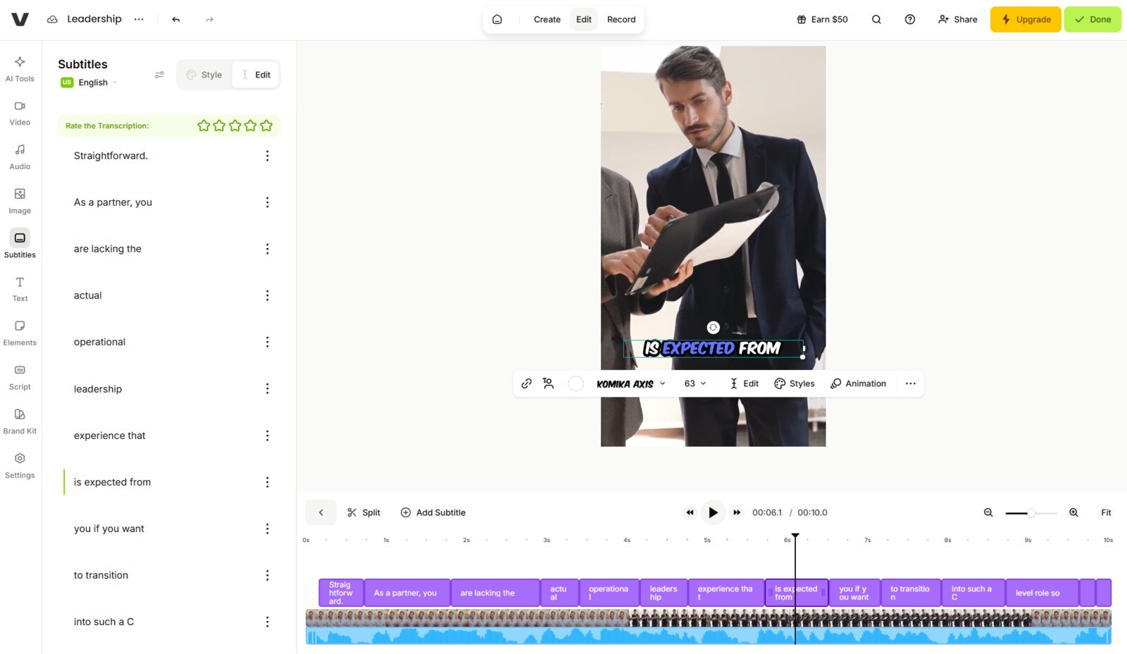 VEED.io's editor showing a vertical video preview with the captions on the right, the text edit panel on the left, and a timeline along the bottom.