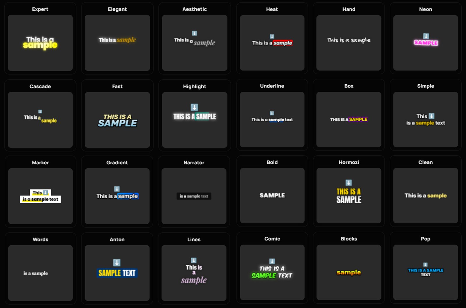 A grid of BlitzClip caption presets, each shown on the words 'This is a sample', including styles named Expert, Elegant, Aesthetic, Heat, Neon, Highlight, Gradient, Hormozi, Comic and more