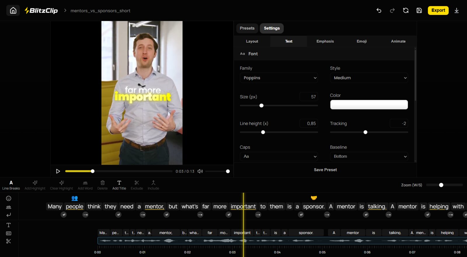 BlitzClip's caption editor: a vertical video preview on the left, a detailed Settings panel on the right with font, size, stroke, shadow and other controls, and a frame-based timeline that lays out every word of the captions