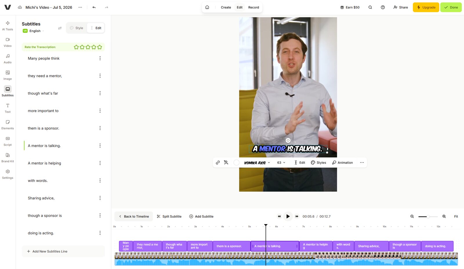 VEED's subtitle editor showing the text edit panel on the left, a vertical video preview with the captions in the center, and the general video editor timeline along the bottom